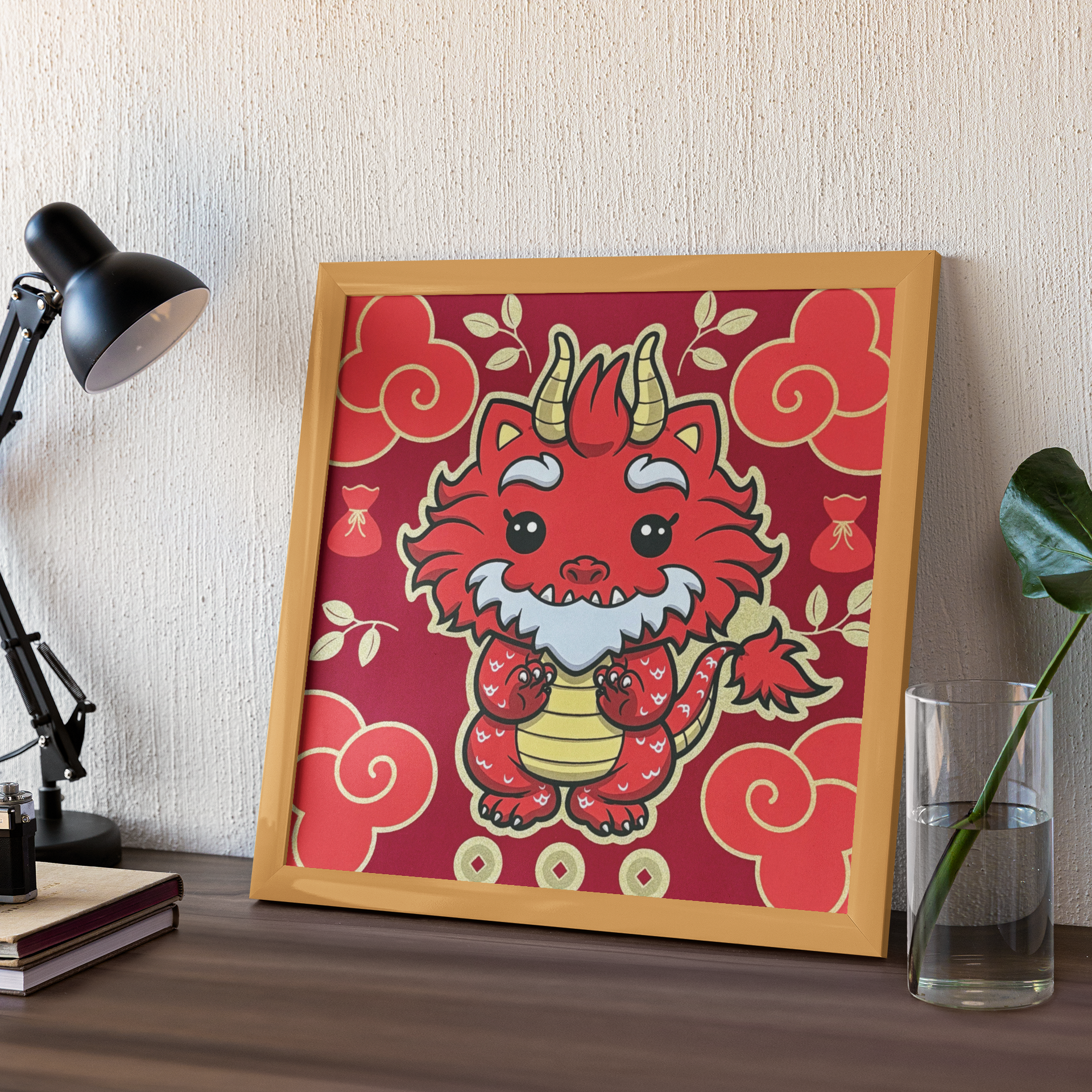 Dragon Grandpa Screen Print by Prime, 8x8, limited edition of 25, featuring a framed dragon artwork on display within a creative setting.