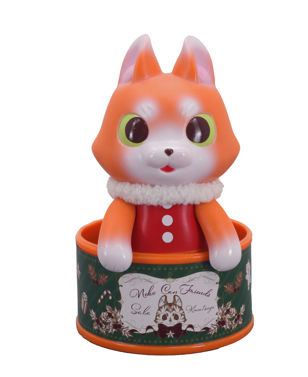 Toy cat figurine in round container, part of Can Cat Friends SABA Christmas Ver by Konatsu, 3.5 inch Sofubi.