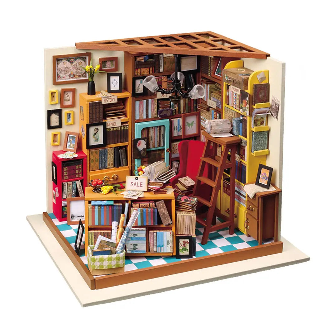 A miniature room with books, ladder, and framed pictures in Sam's Study Rolife Library DIY Miniature Dollhouse from Strangecat Toys, a blind box and art toy store.