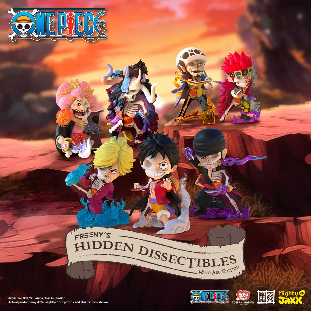 FREENY'S HIDDEN DISSECTIBLES: ONE PIECE WANO ARC EDITION features cartoon characters in a dissected art style, highlighting intricate details and iconic anime figures.