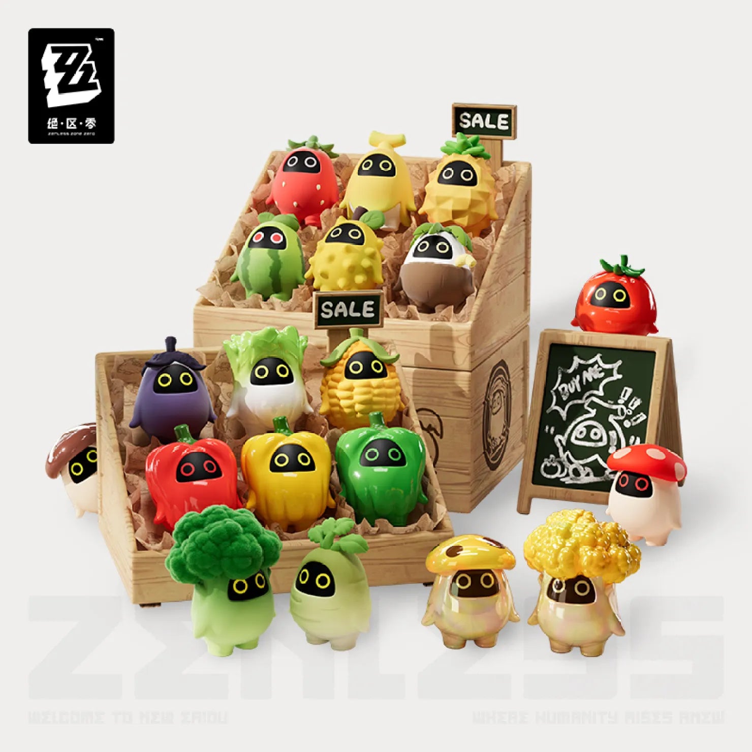 Zenless Zone Zero Bangboo Fruit and Vegetable Kingdom Mini Blind Box featuring stylized food-topped character figurines in a market display, pre-order for November 2025.