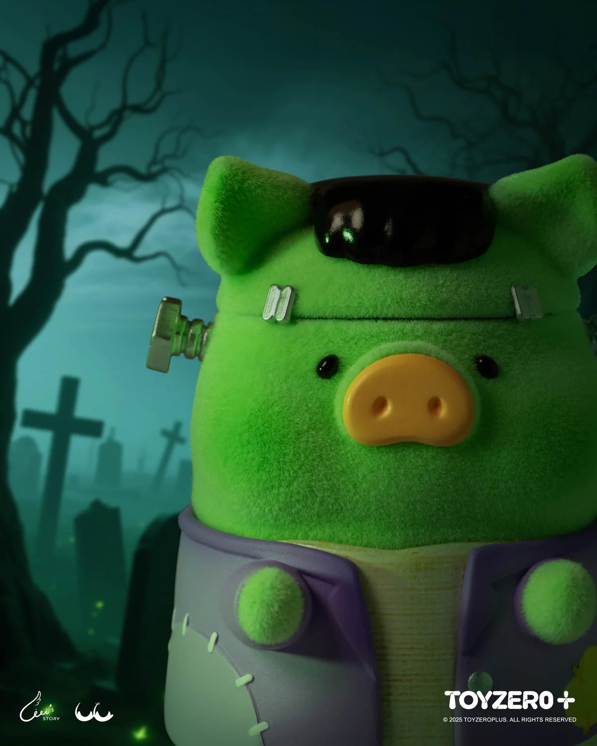 Frankenstein-style plush pig with green body, purple jacket, and bolt ears in misty graveyard; part of LuLu The Piggy - Surprise can 2 (Terror Castle) collection.
