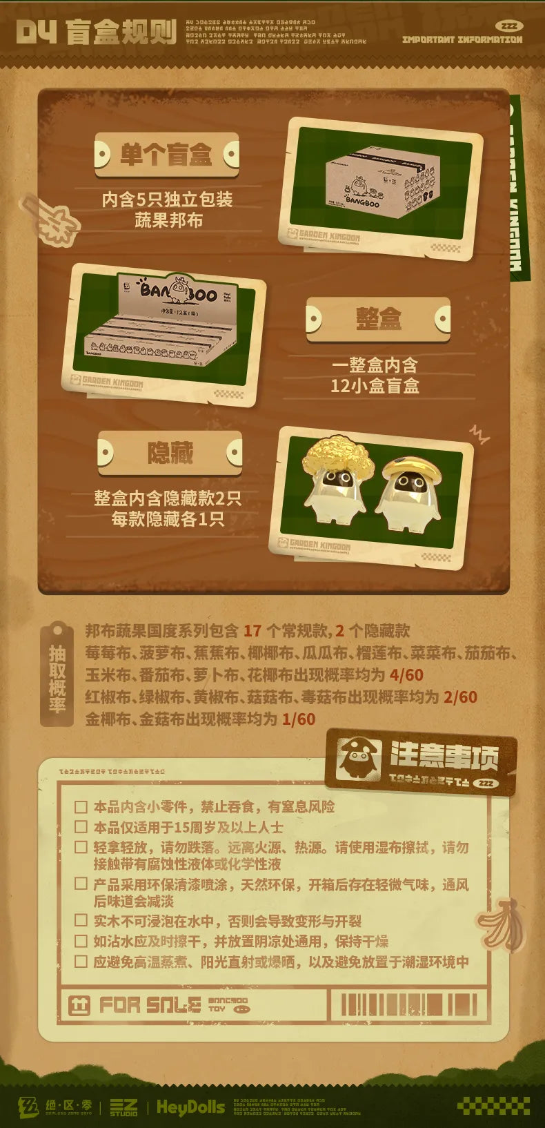 Zenless Zone Zero Bangboo Fruit and Vegetable Kingdom Mini Blind Box preorder poster detailing packaging, character variants, drop rates, and safety notices.