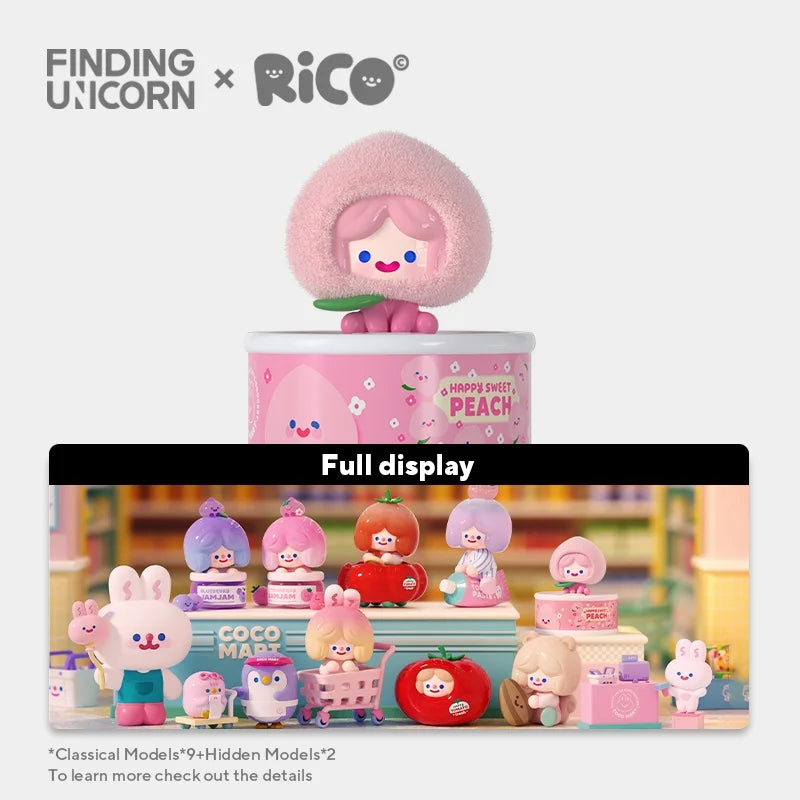 Welcome! RiCO Coco Mart Series Blind Box featuring a toy display with a bunny, doll, and shopping cart toy, part of 9 regular and 2 secret designs.