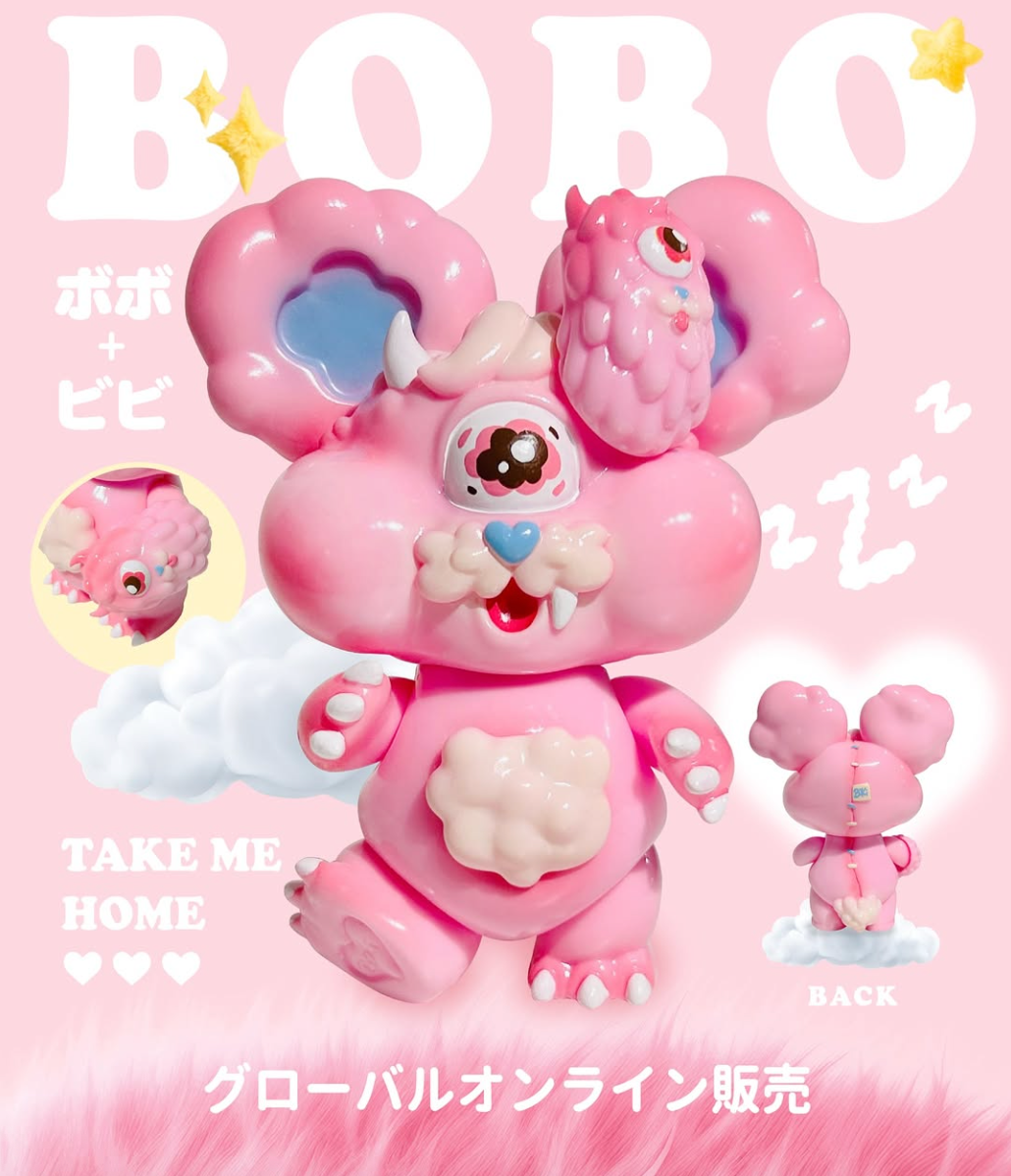 BOBO & BB by Boki: A pink vinyl toy with a cyclopean eye, cloud details, and a detachable head, promoted for global online sale.
