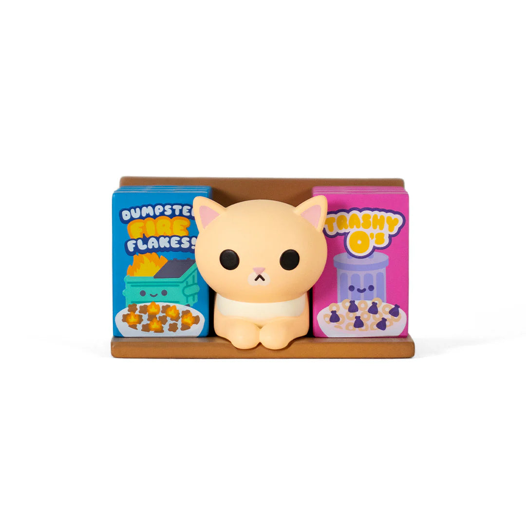 Bodega Kitties Mystery Series 2 Boxes by 100% Soft featuring a cat figure with spoof cereal boxes, part of Strangecat Toys' collectible art toy line.