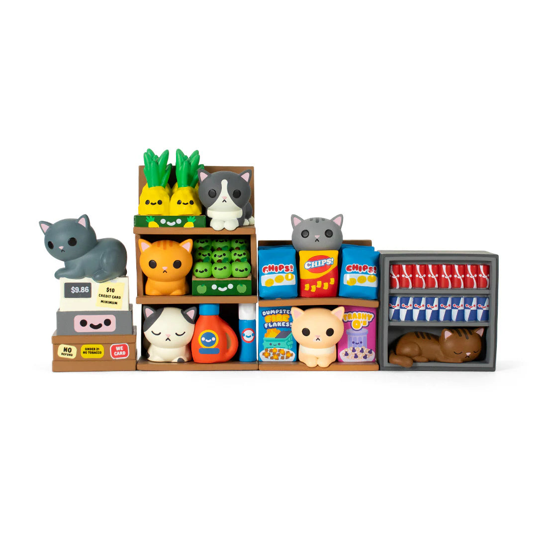 Bodega Kitties Mystery Series 2 Boxes by 100% Soft: whimsical cat figurines in a mini grocery-store diorama, featuring playful details and surprise collectible figures.