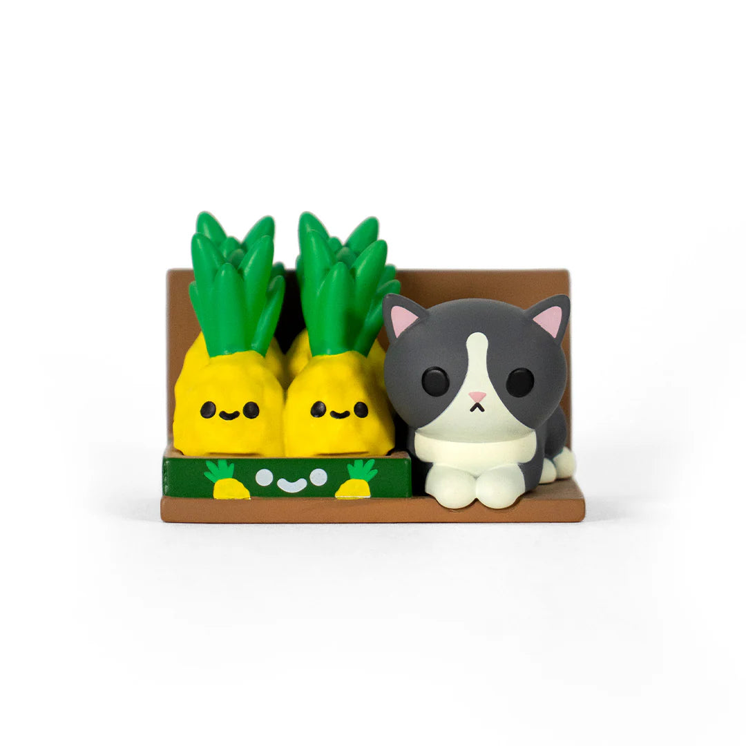 Bodega Kitties Mystery Series 2 Boxes by 100% Soft, featuring a gray-and-white cat in loaf pose and smiling pineapple figures in a crate.
