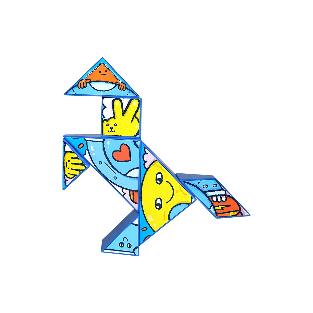 Art Pickagram 3D Puzzle X Artist_01 Shawn Smith: A vibrant seven-piece tangram puzzle featuring whimsical doodles, depicting a running animal, capturing Shawnimals' joyful artistry.