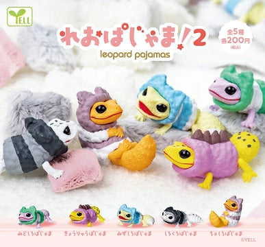 Leo Pajama! 2 Gacha Series: Five whimsical reptilian figures in pastel leopard-print pajamas, each offering a surprise element from Strangecat Toys' unique capsule collection.