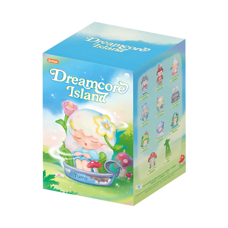 YUMO DREAMCORE ISLAND SERIES box featuring Yumo dozing in a bowl, surrounded by mushrooms and flowers, with collectible figure sketches on the side.