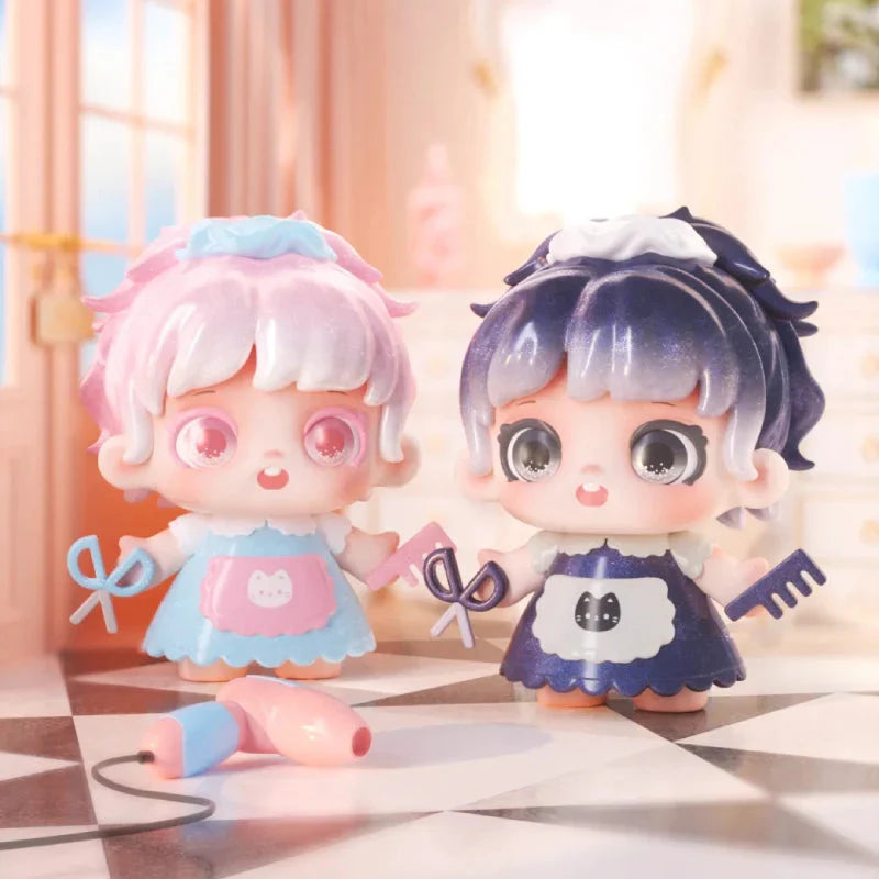 Miana Transformable Styling House Mini Series Blind Box featuring a close-up of a doll's eyes and toy figurine, available for preorder, ships August 2025.