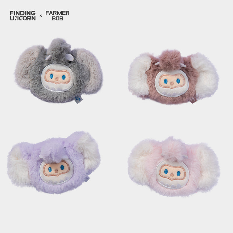FINDING UNICORN Furry Fridge Magnet Blind Box featuring fluffy pastel sleep masks with cartoon faces and ears, part of the collaboration collection.