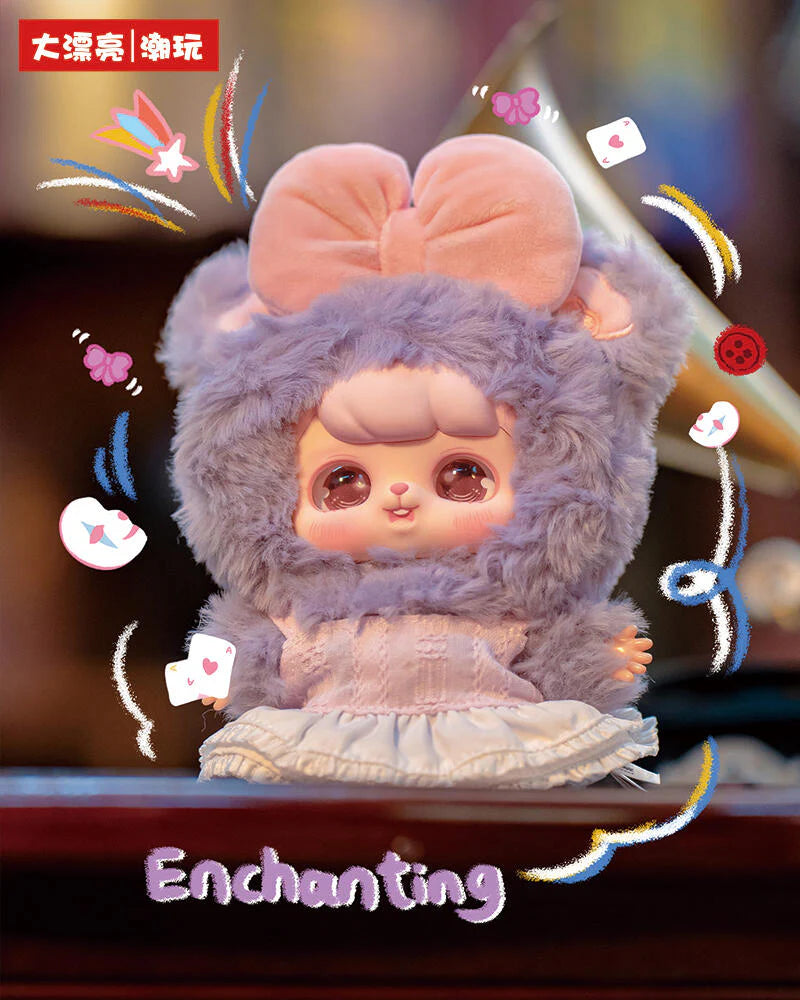 Baby Three - Ave - Fantasy Circus Plush Blind Box doll in a lavender animal suit, featuring a bow, sparkly eyes, and pastel skirt. Enchanting design.