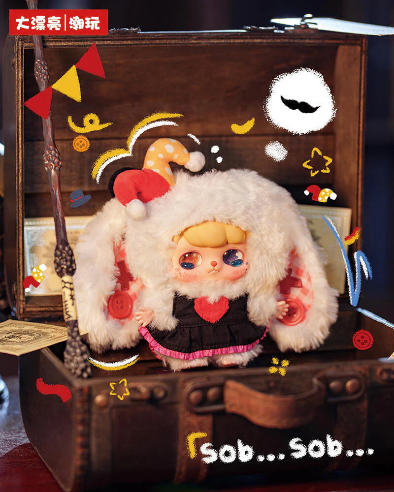 Baby Three - Ave - Fantasy Circus Plush Blind Box doll in a vintage chest, featuring bunny ears, teary eyes, jester’s cap, and playful doodles.