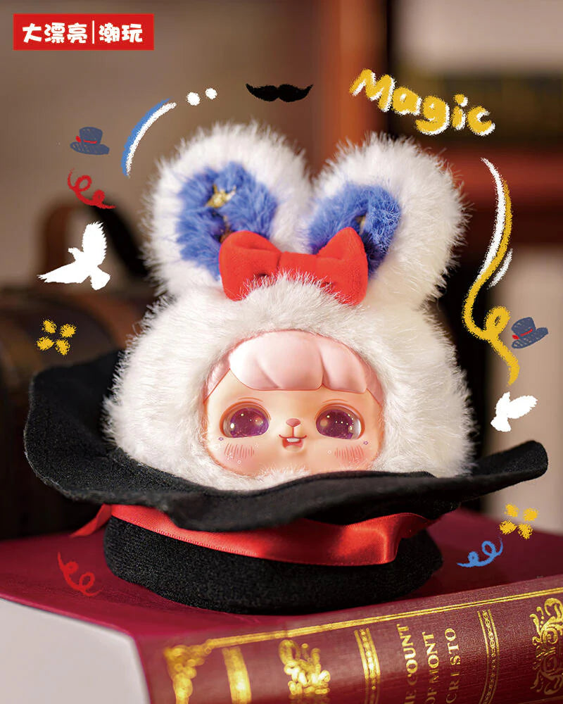 Collectible Baby Three - Ave toy, in a bunny hood, emerges from a magician's hat atop a book, surrounded by whimsical magic doodles, from Fantasy Circus Plush Blind Box.