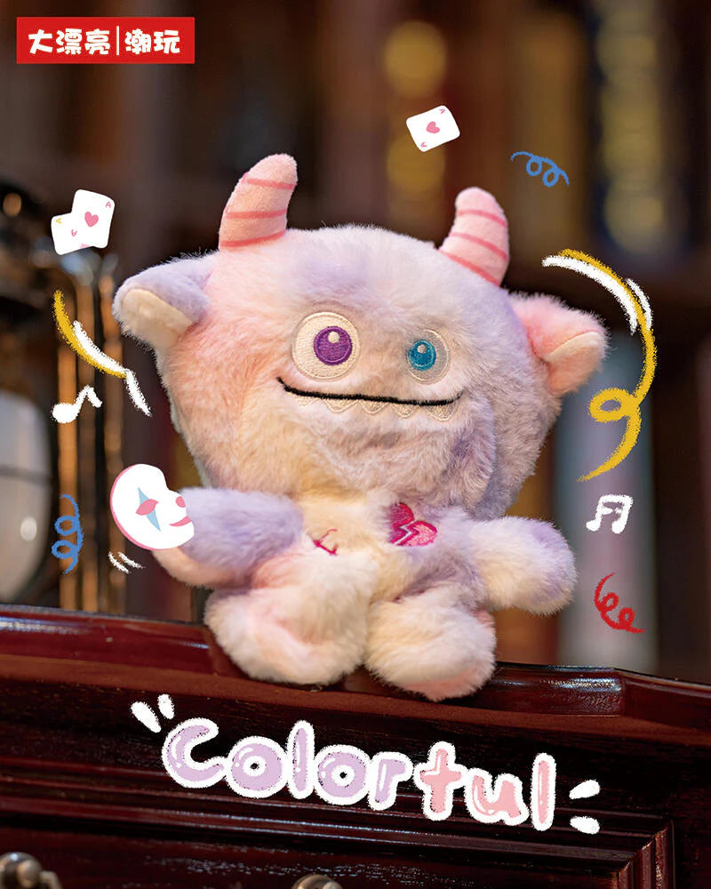 Baby Three - Ave - Fantasy Circus Plush Blind Box: A pastel monster toy with striped horns, mismatched eyes, and a broken-heart patch, surrounded by playful doodles.