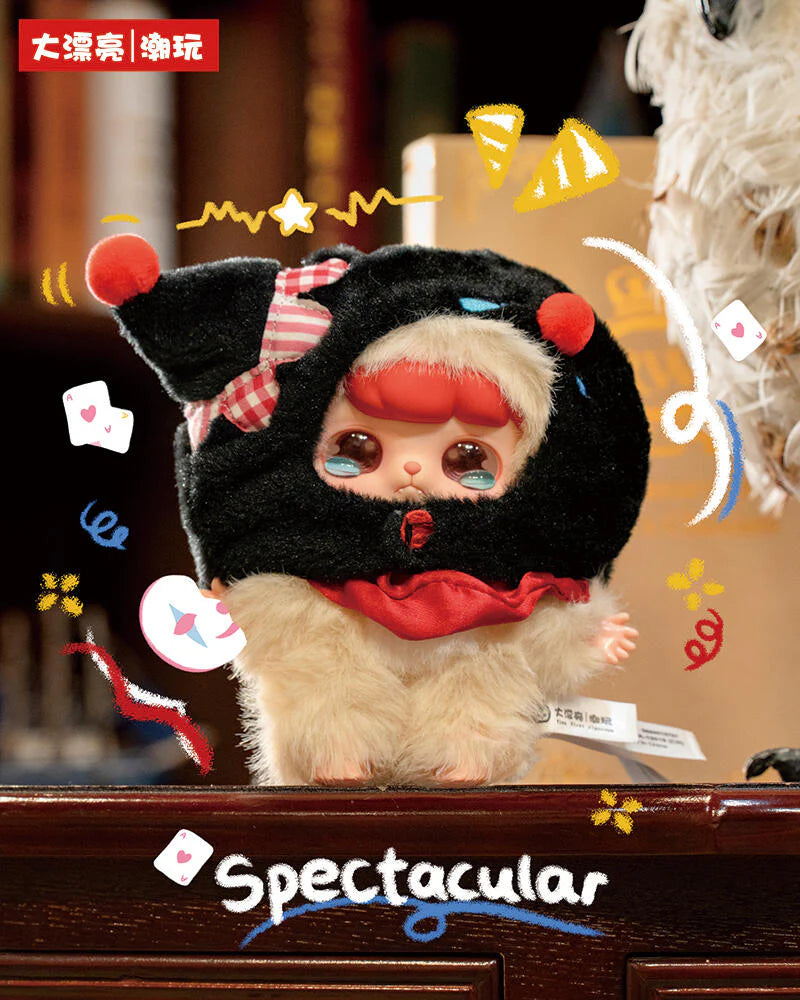 Baby Three - Ave - Fantasy Circus Plush Blind Box: A cream-beige plush doll with red hair, cat-ear hood, and confetti backdrop, ideal for collectible enthusiasts.