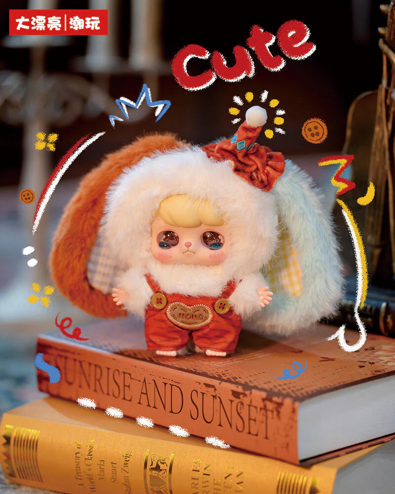 Baby Three - Ave - Fantasy Circus Plush Blind Box doll in bunny-ear costume, seated on books, showcasing glossy eyes, teary expression, and whimsical doodles.