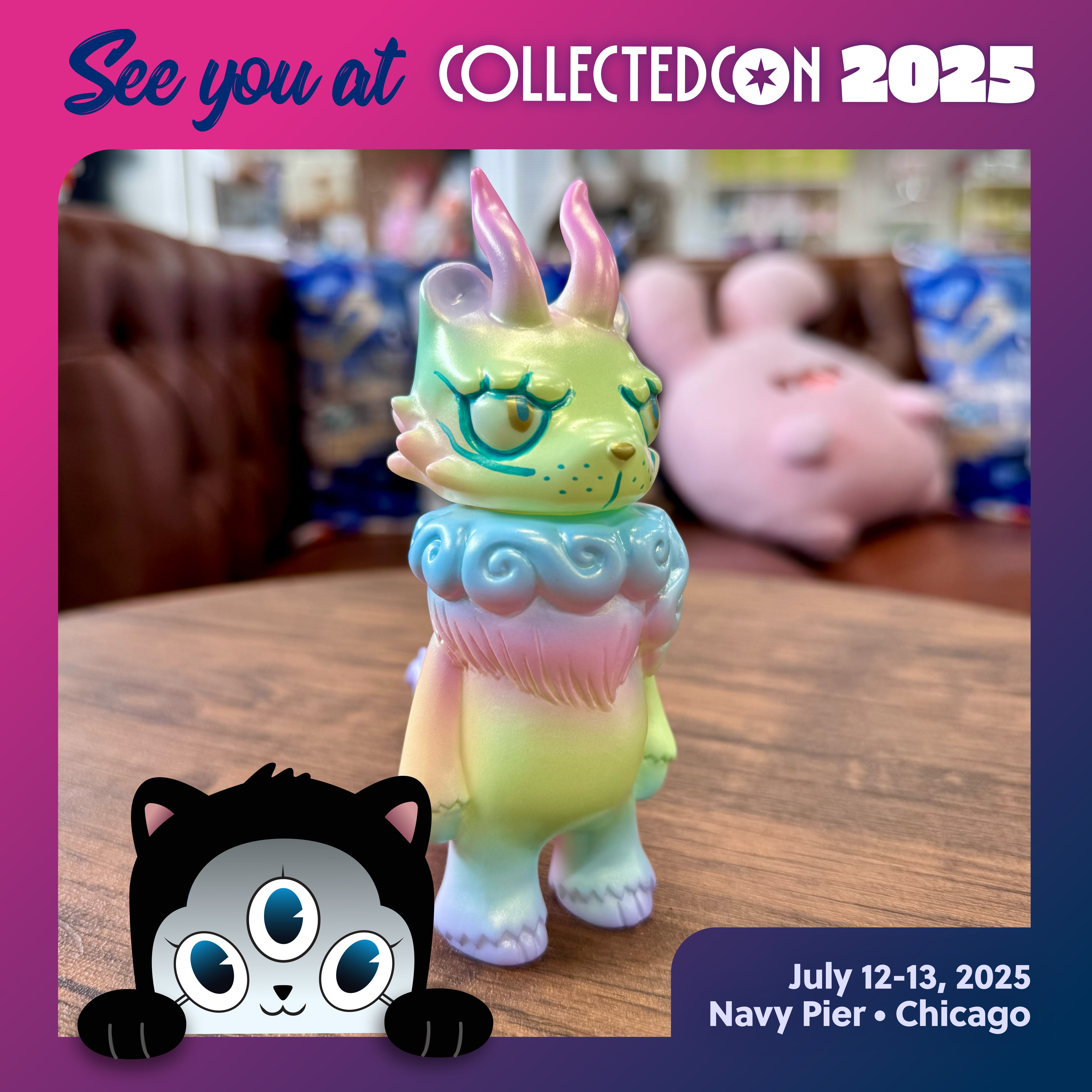 Gekko Dragon Fluorescent Color by YASU, a Japanese Sofubi toy, featuring a cartoon animal figure with three eyes, resembling a rabbit.