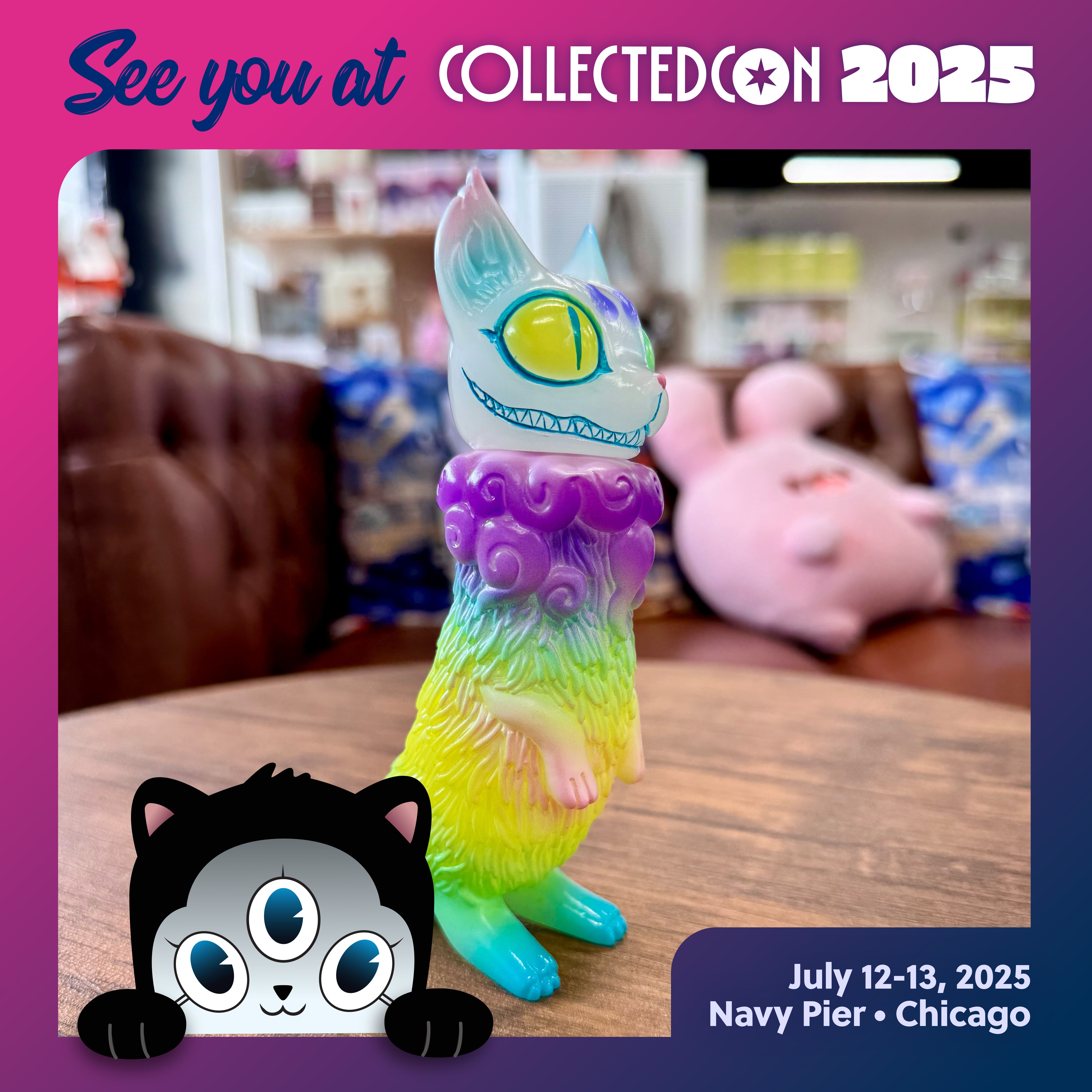 Bakeneko Pastel by YASU: a 14cm Japanese Sofubi plush toy featuring a cartoon cat with three eyes, embodying Strangecat Toys' artful and whimsical style.