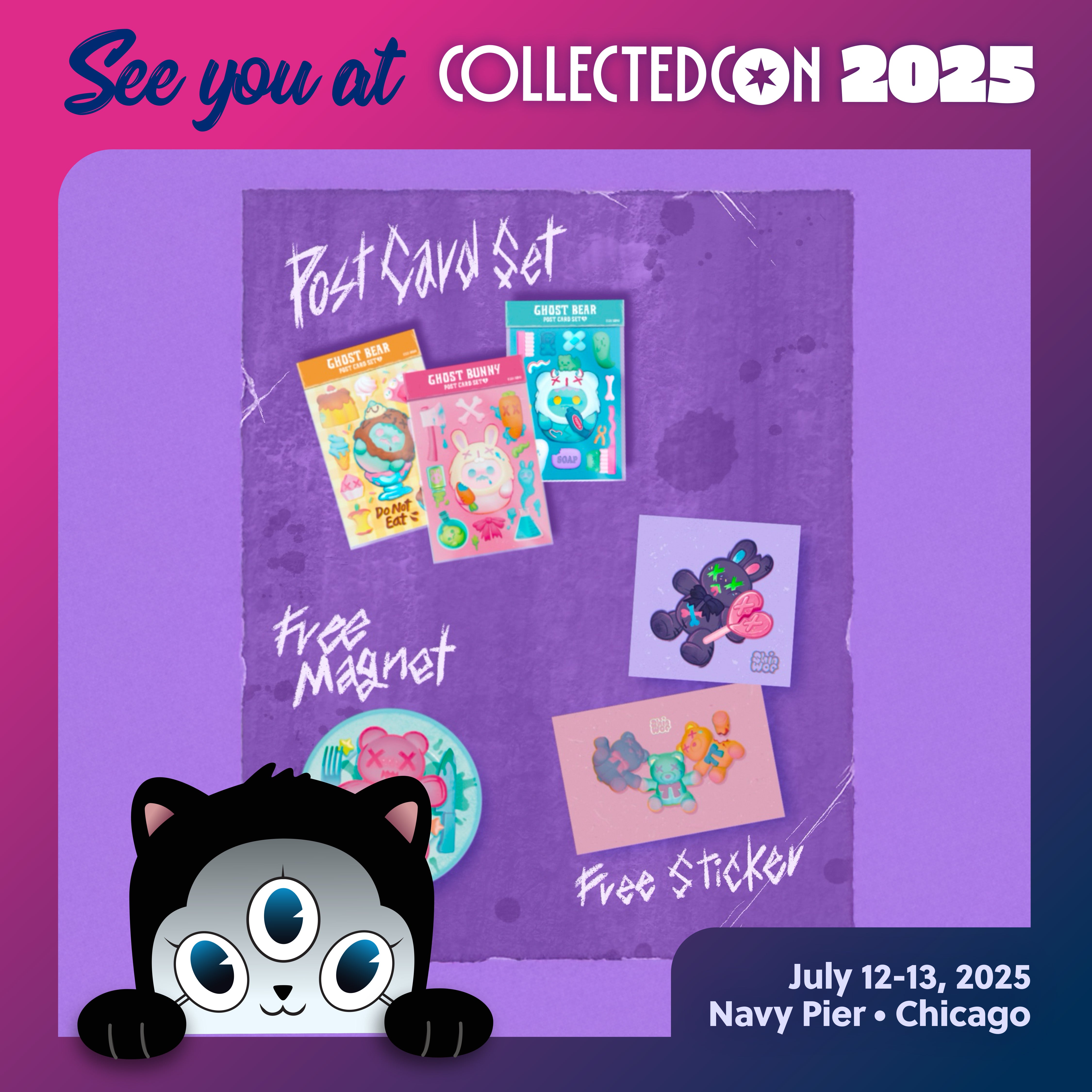 Postcard Set by Shinwoo featuring a cartoon cat with three eyes, purple and white logo, and small teddy bears, ideal for art toy enthusiasts.