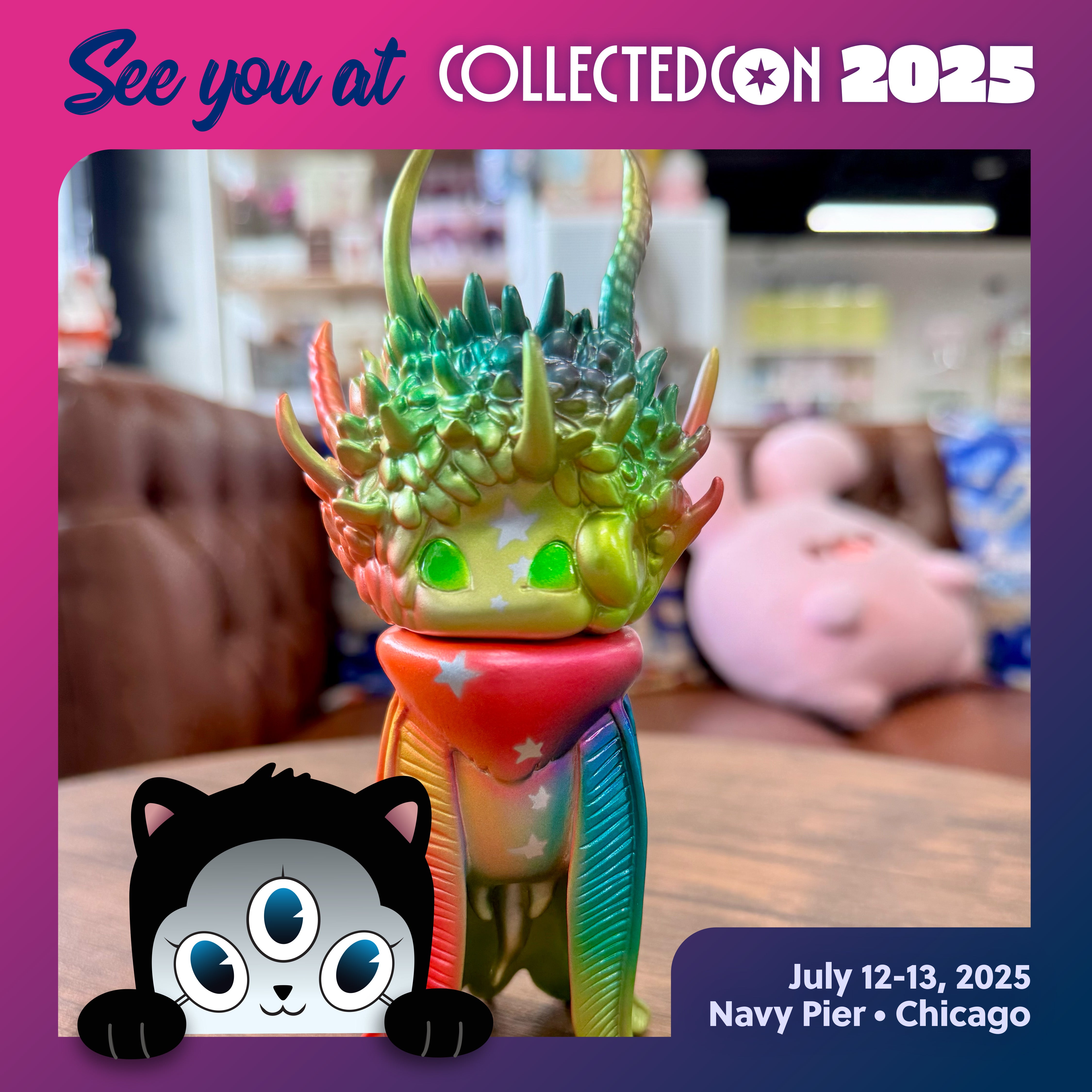 Genie Metal Gradation by YASU: A Japanese Sofubi art toy featuring a cartoon-style three-eyed cat design, ideal for collectors of unique, artistic pieces.