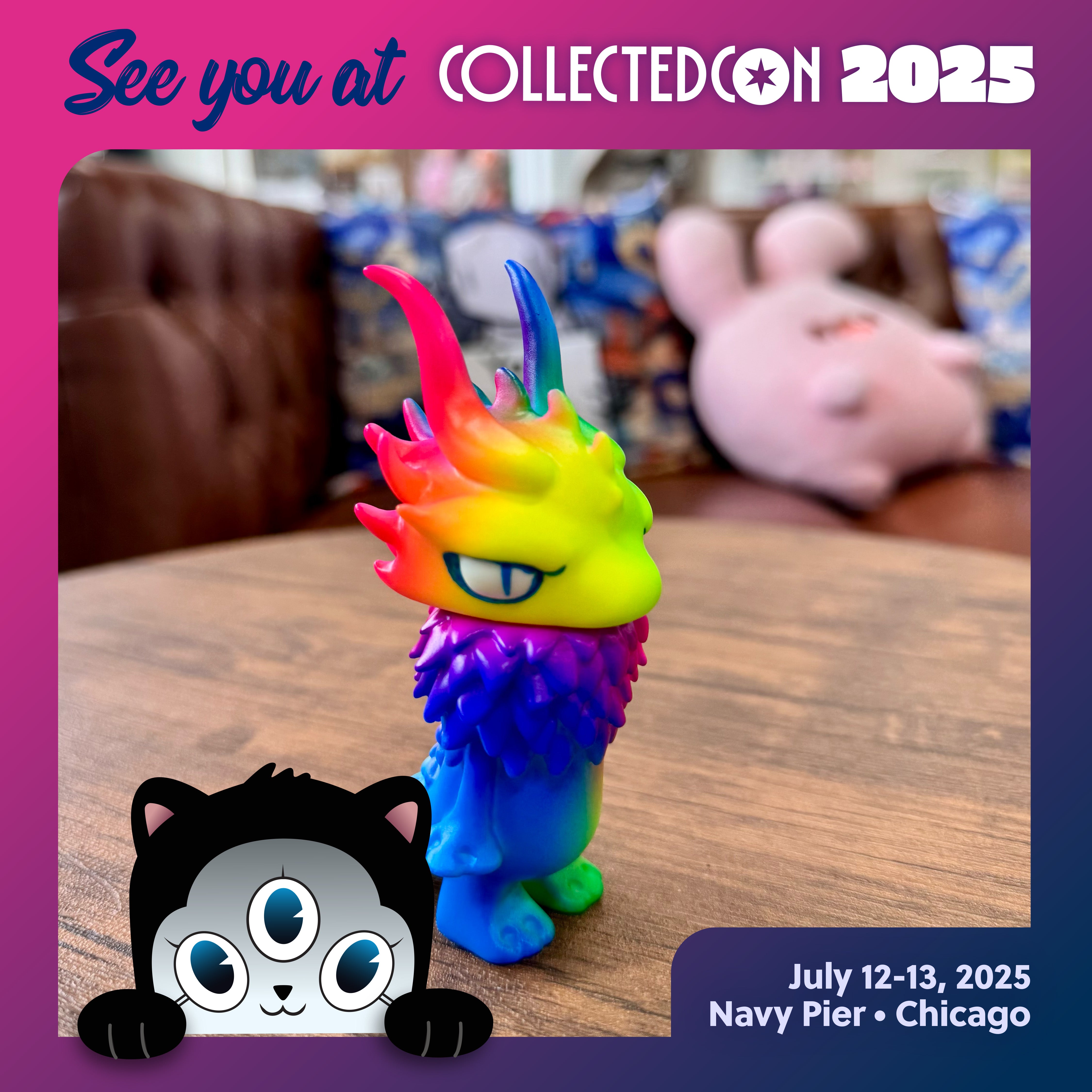 Gekko Dragon Fluorescent Color by YASU, a Japanese Sofubi, features a three-eyed cartoon cat design, ideal for collectors of unique art toys.