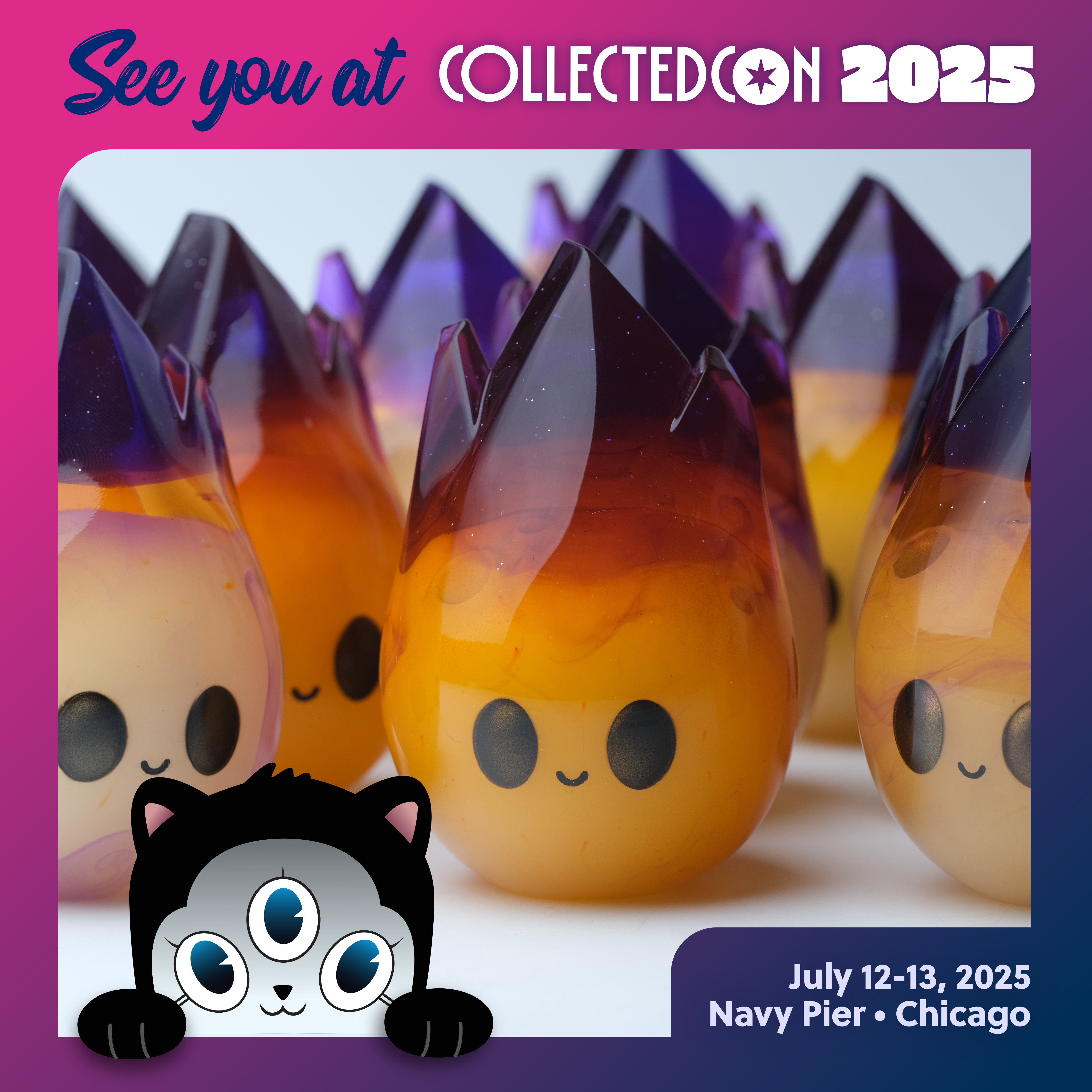 Cosmite by Yutoos: A 3.5 resin art toy depicting a three-eyed cartoon cat, limited edition of 50, displayed on a yellow surface.