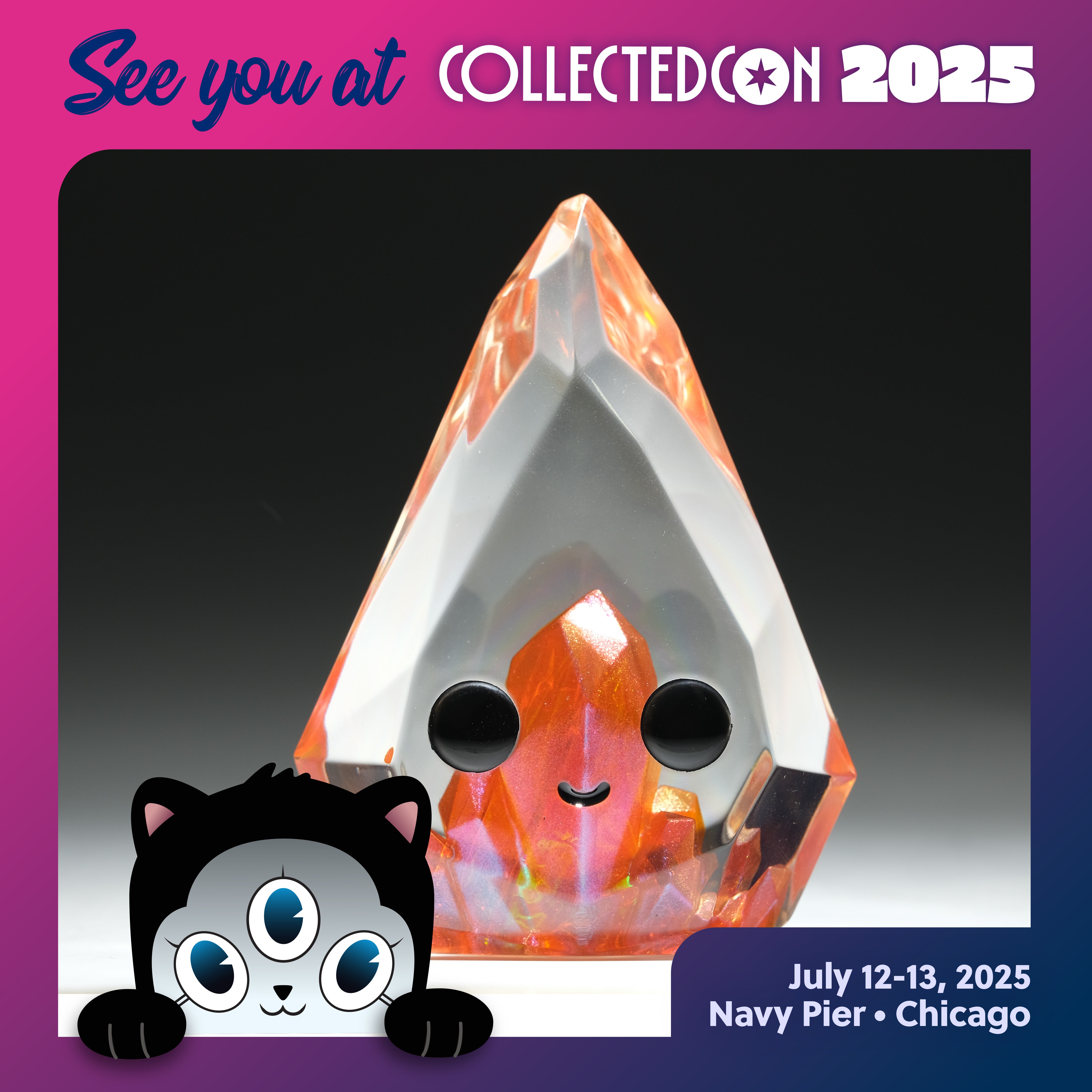 Fire Opal Prismite by Yutoos: A 3.5 resin figure featuring a cartoon cat with three eyes, limited to 50 pieces.