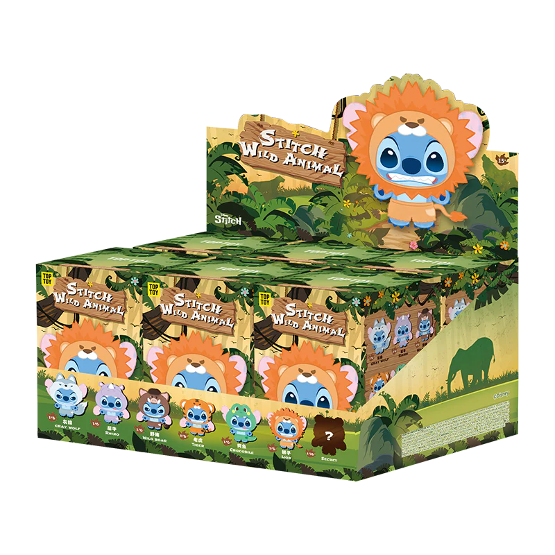 Stitch Wild Animal Series Plush Blind Box display featuring Stitch in various wild animal costumes, available for preorder at Strangecat Toys.