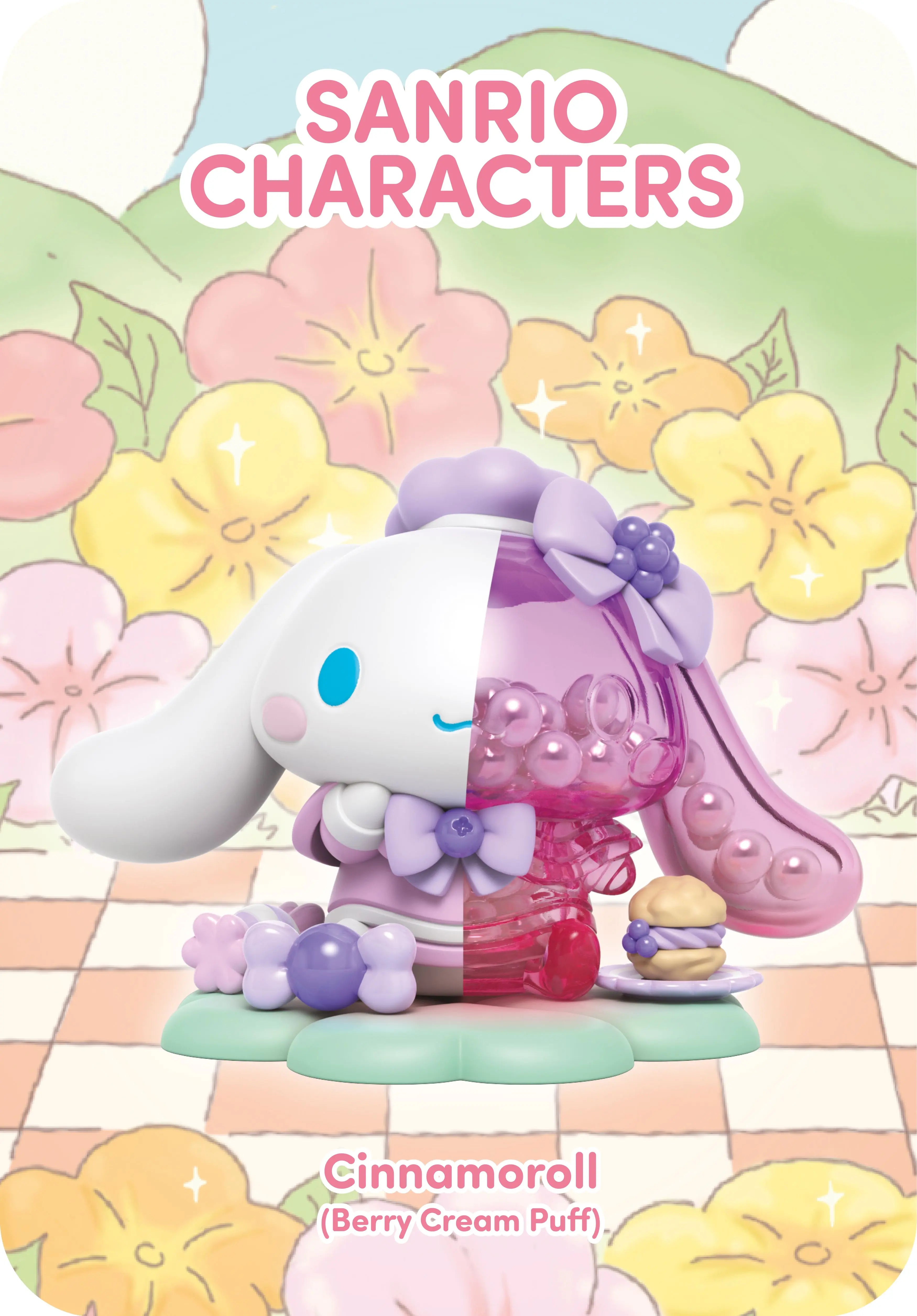 Kandy: Sanrio Floral DayDream Series toy, featuring a cartoon pink and purple bunny on a flowery surface. Preorder for May 2025.