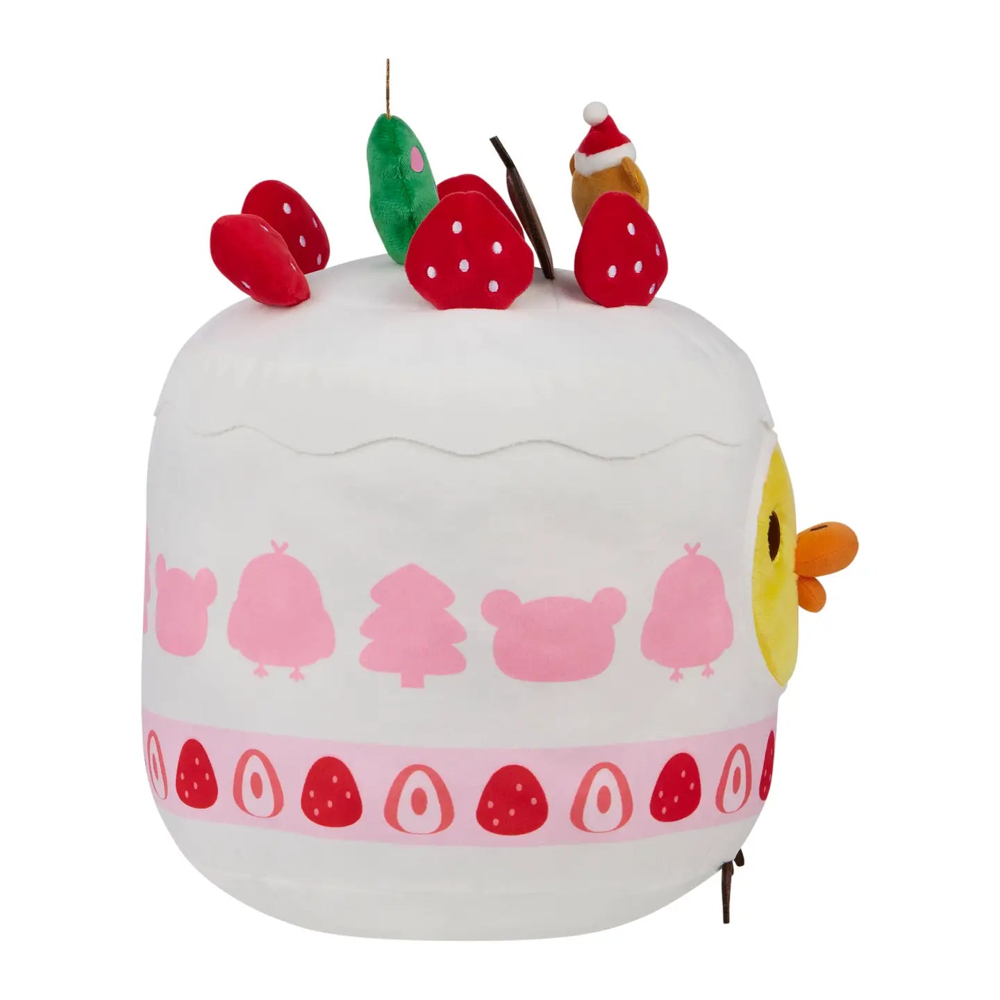 Kii Holiday Cake Plush: a decorative plush cake with strawberries, a cinnamon stick, and a peeking chick, perfect for imaginative play from Strangecat Toys.