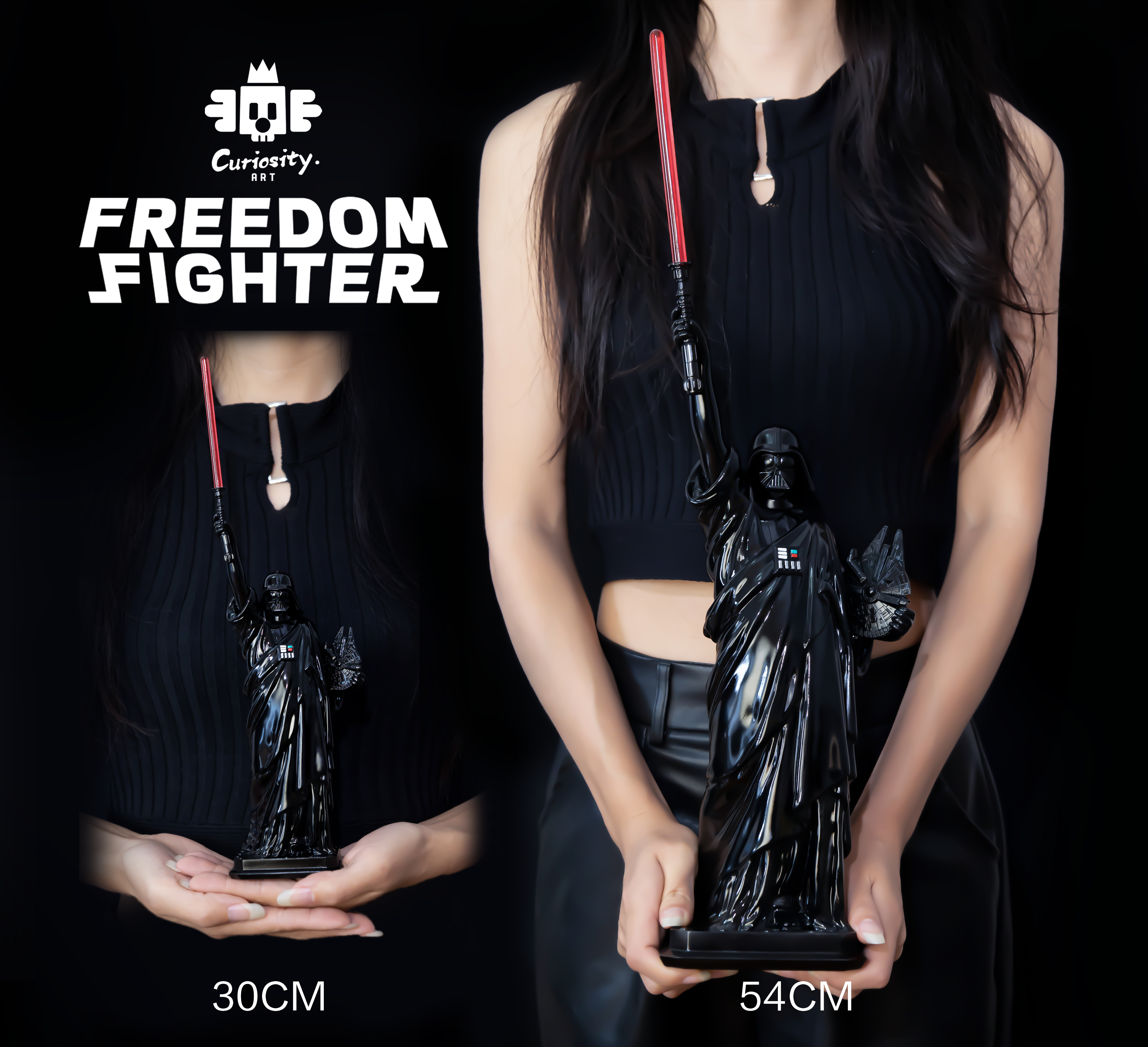Woman holding a statue, fashion accessory, necklace, text, preorder Freedom Fighter.