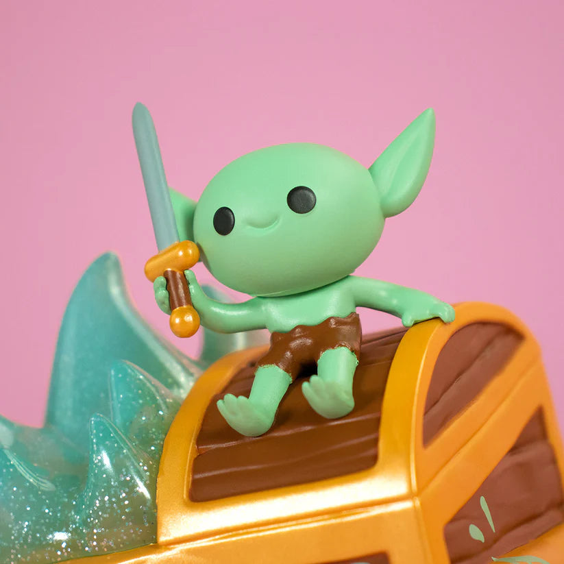 Wizard of Barge Dumpster Fire Vinyl Figure on treasure chest, holding detachable sword; a collectible art toy by Strangecat Toys. Preorder for November 2025.