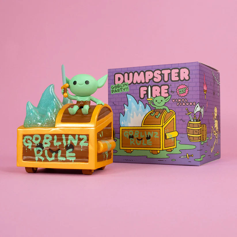 Wizard of Barge Dumpster Fire Vinyl Figure - Preorder: Mint-green goblin with sword on yellow dumpster with teal flames, featuring GOBLINZ RULE tag and purple box.