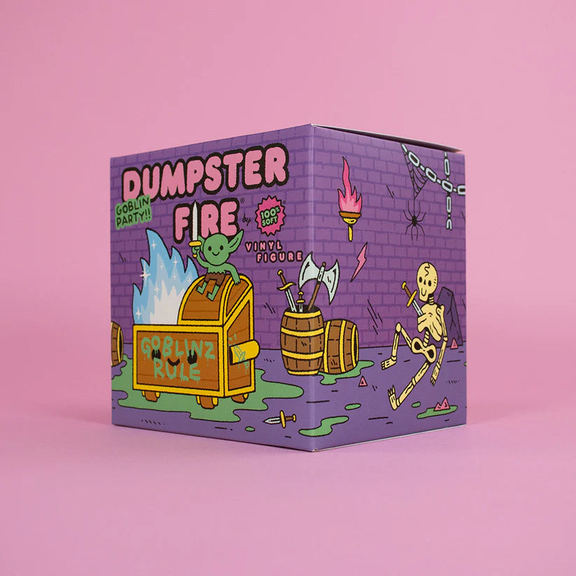 Wizard of Barge Dumpster Fire Vinyl Figure - Preorder: Goblin atop flaming dumpster with graffiti, barrels, skeleton, and torch. Includes detachable sword.