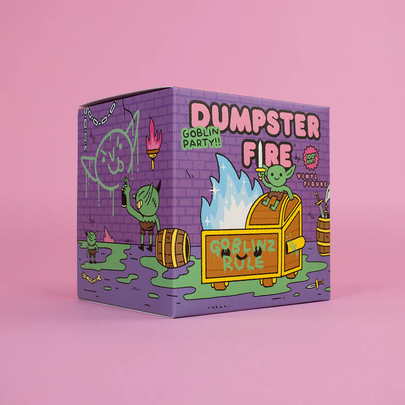 Wizard of Barge Dumpster Fire Vinyl Figure - Preorder box with goblins partying around a flaming treasure chest. Includes detachable sword.
