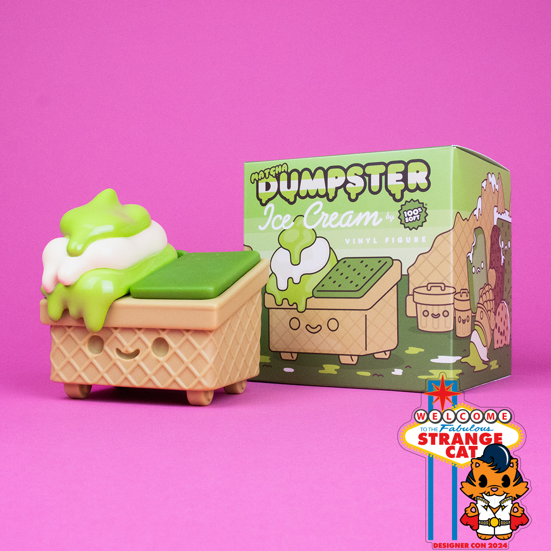 Dumpster Fire - Matcha Ice Cream Vinyl Figure by 100% Soft; a toy ice cream cone with matcha lids and melted ice cream, next to a decorative box.