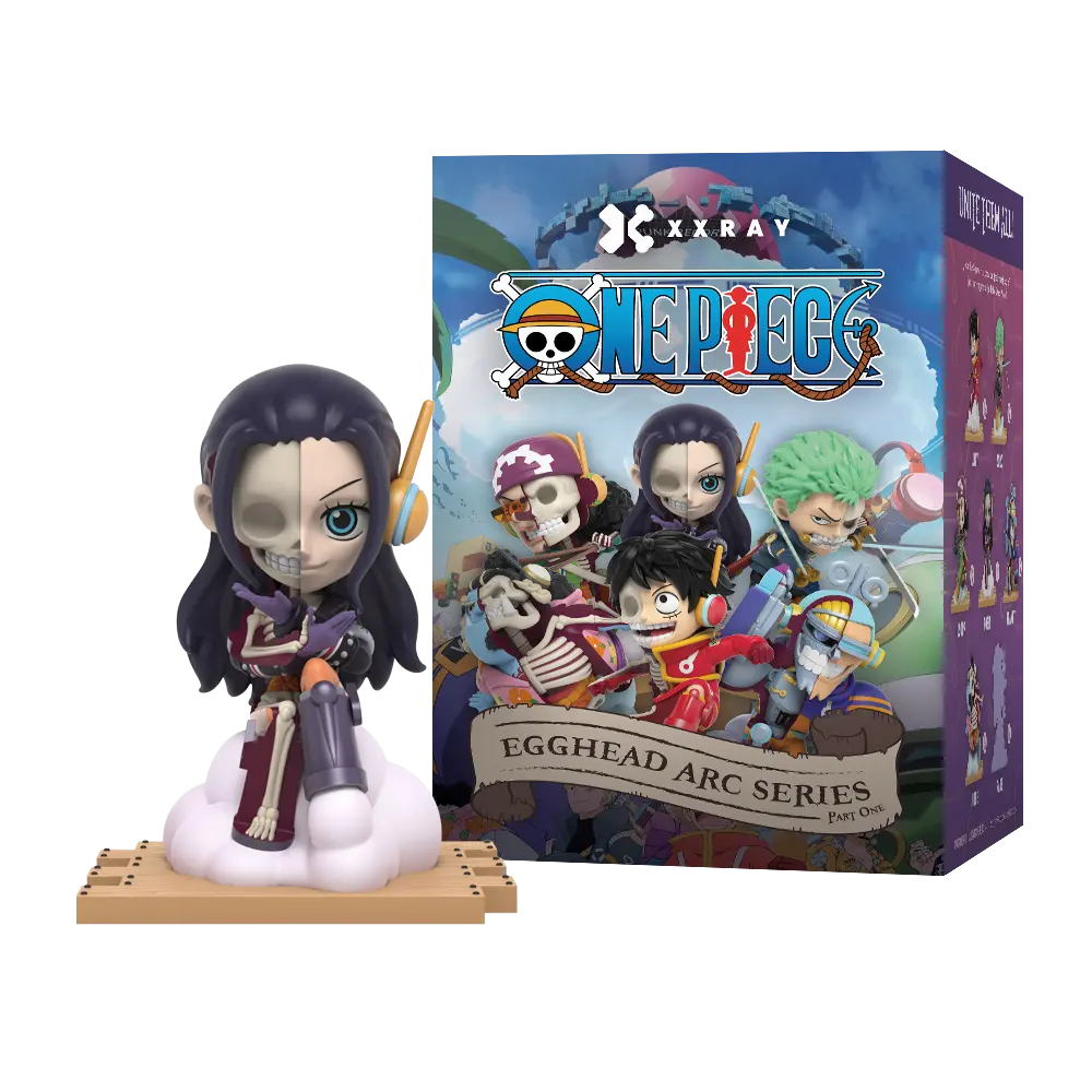 ONE PIECE x Jason Freeny Blind Box Series: Egghead Island (First Edition) mini-figure of Nico Robin, featuring a half-skeleton, half-normal design with headphones, in front of box art.