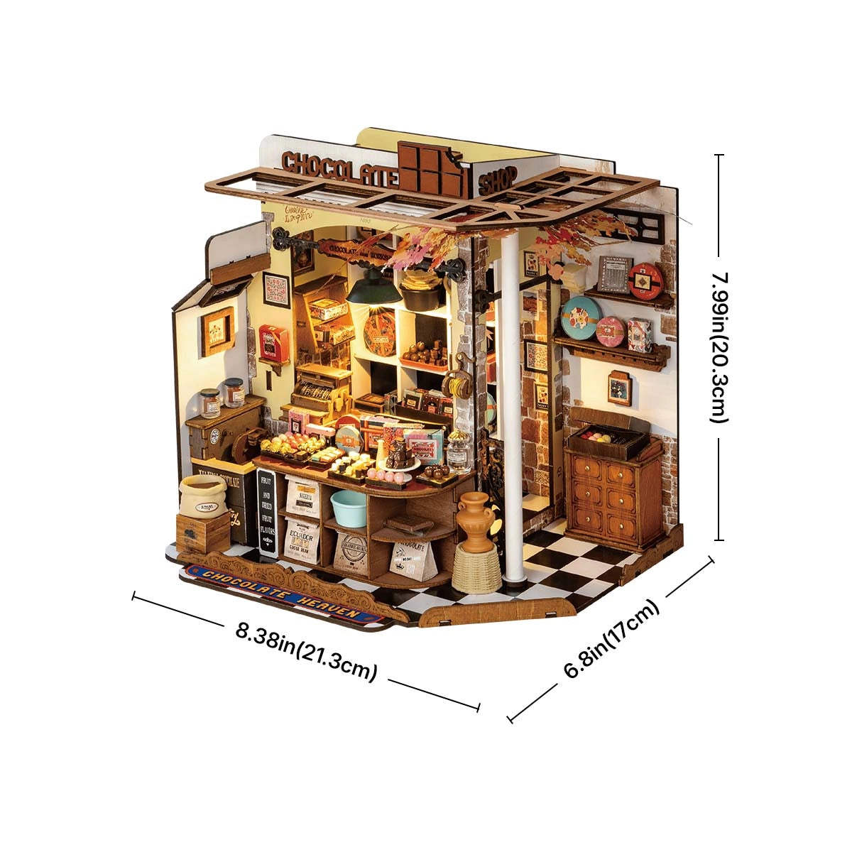 DG174 Henry's Chocolate Rolife DIY Miniature House, an intricately detailed wooden model kit replicating a cozy, old-world chocolate shop with candy shelves, display counters, and rustic decor.