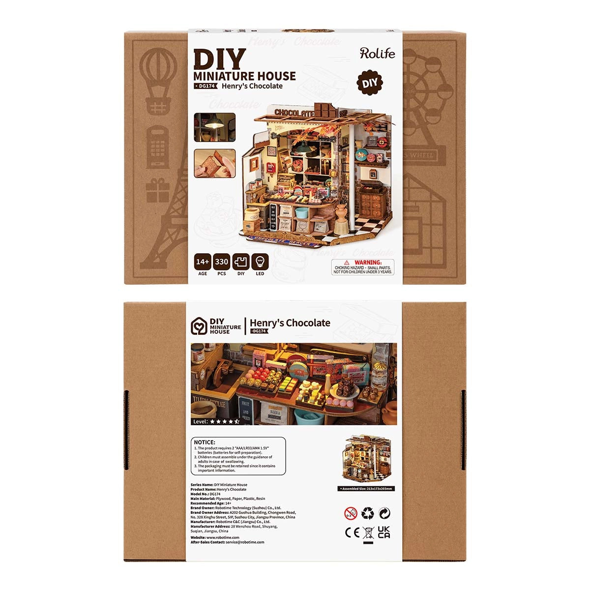 DG174 Henry's Chocolate Rolife DIY Miniature House kit, 330-piece chocolate shop diorama with LED lighting, age 14+, displaying the box's front scene and detailed assembly specs.
