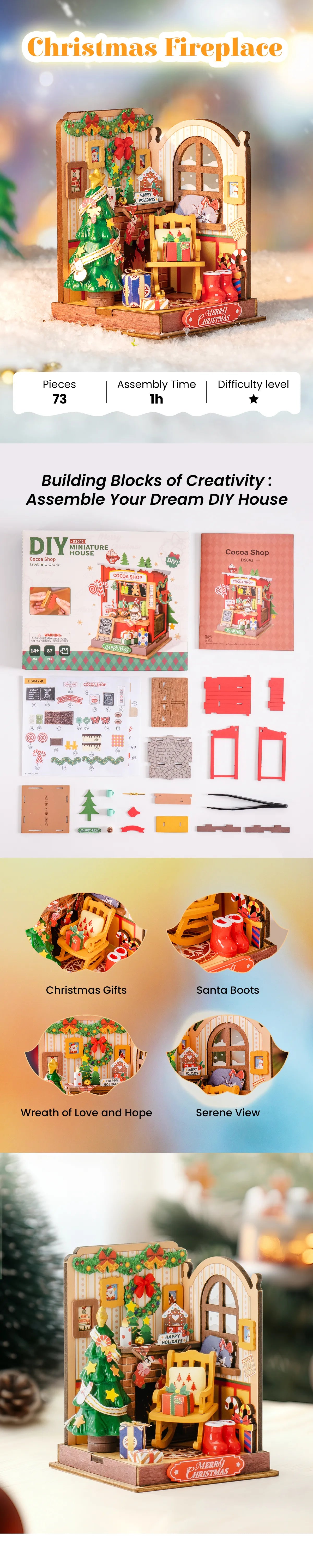 Rolife DIY Miniature House - Christmas Fireplace DS041: 73-piece set featuring a cozy scene with Christmas decor, easy assembly, perfect for holiday creativity and storytelling.