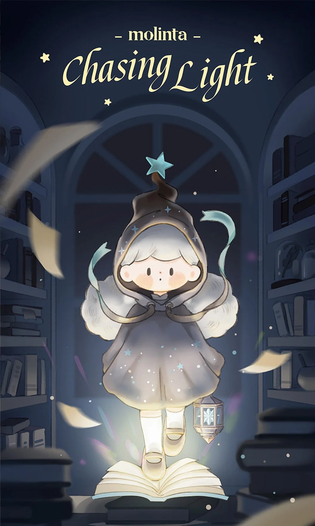 Molinta Chasing Light Series Blind Box features a whimsical, hooded character with a glowing lantern, floating above a book in a cozy library setting.