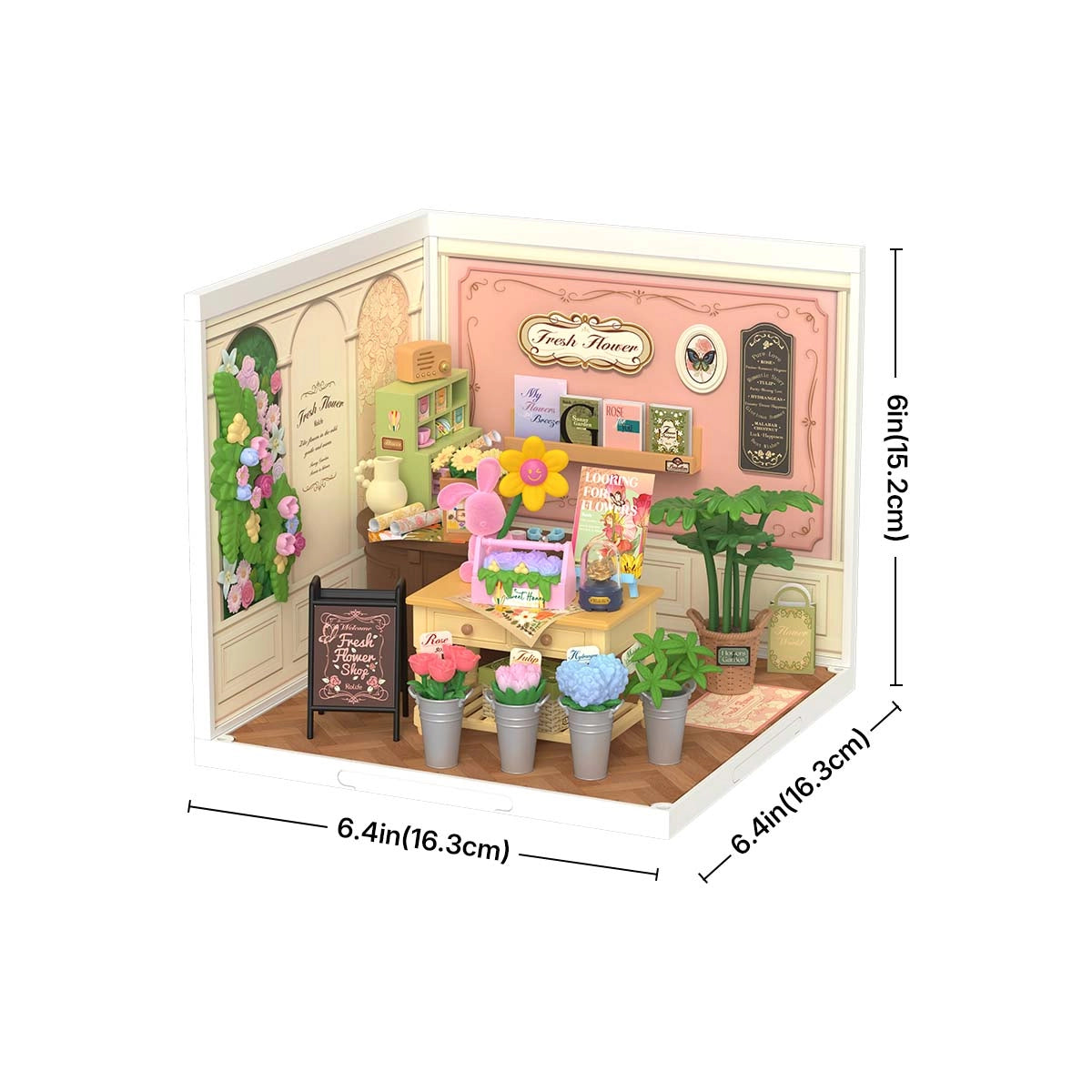 DW017B Fresh Flower Shop Rolife DIY Miniature House: A detailed three-walled florist diorama with tiny blooms, shelves, and pastel decor for creative display or crafting.
