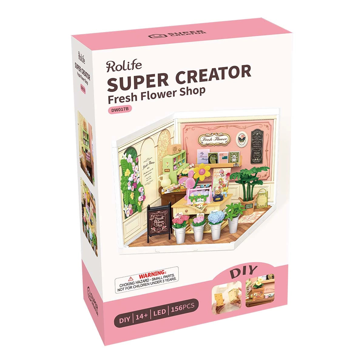 DW017B Fresh Flower Shop Rolife DIY Miniature House kit with 156 pieces, featuring a detailed floral storefront diorama with LED lights, for ages 14+.