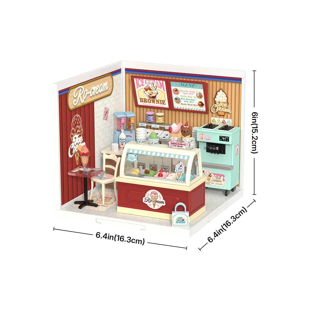 DW018B Flavorful Ice Cream Rolife DIY Miniature House: a detailed tabletop diorama featuring an ice-cream parlor with counters, soft-serve machine, and accessories. Perfect for creative play.
