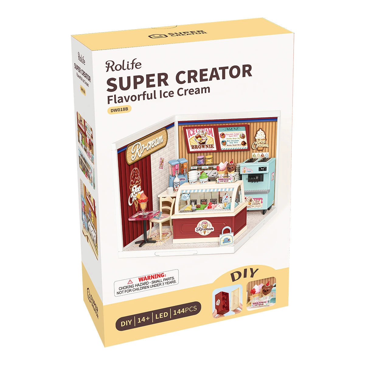 DW018B Flavorful Ice Cream Rolife DIY Miniature House kit, featuring 144 pieces to create an ice-cream shop diorama, ideal for ages 14 and up.