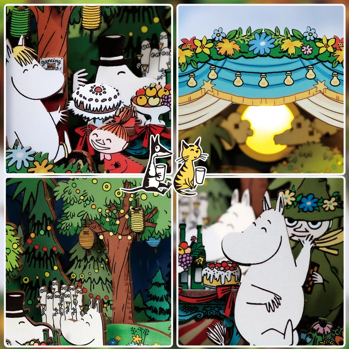 Moomin Moominous Dance Party kit illustration, showcasing a whimsical forest fête with Moomin characters, perfect for creating a magical bookshelf scene.