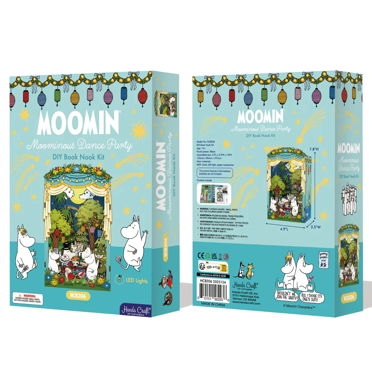 Moomin Moominous Dance Party DIY Book Nook Kit featuring dancing Moomin characters; includes 80-piece MDF set and LED light, creating a whimsical bookshelf diorama.